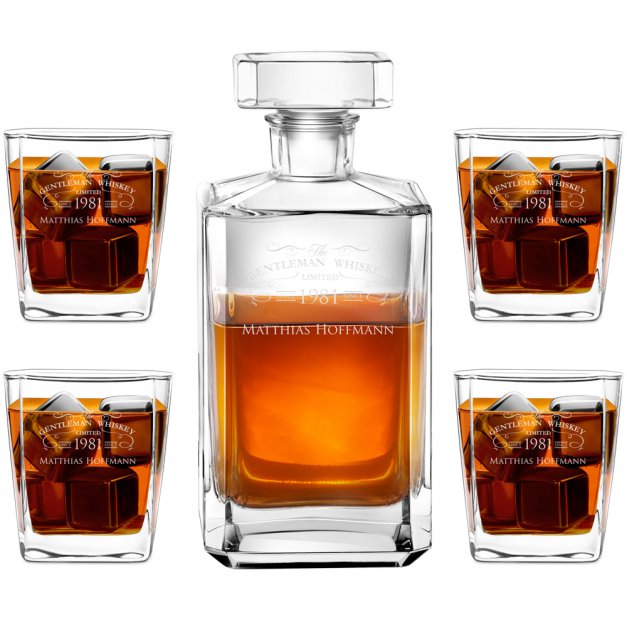 Bourbon Karaffe Set mit 4 Gläsern mit Gravur für einen Gentleman zum Jubiläum