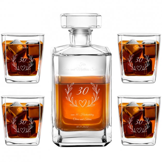 Bourbon Karaffe Set mit 4 Gläsern mit Gravur für ein Ehepaar zum 30. Hochzeitstag