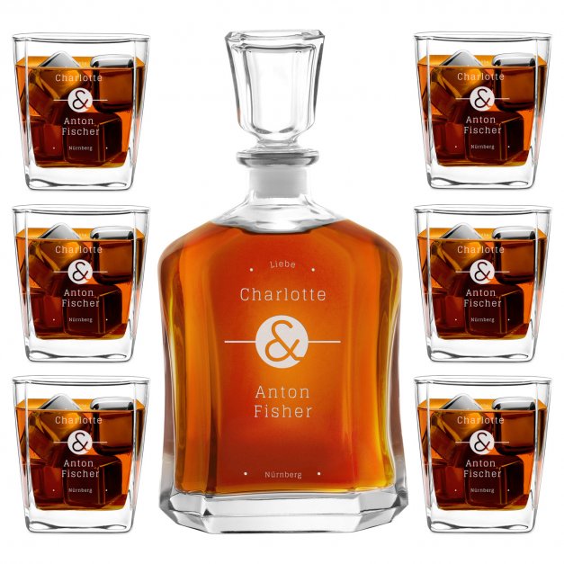 Whisky Karaffe Set mit 6 Gläsern mit eingravierter Widmung für ein Paar zur Hochzeit oder zum Hochzeitsjubiläum