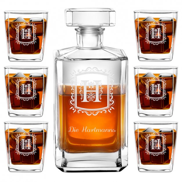 Bourbon Karaffe Set mit 6 Gläsern mit Gravur für ein Paar zum Einzug Jahrestag