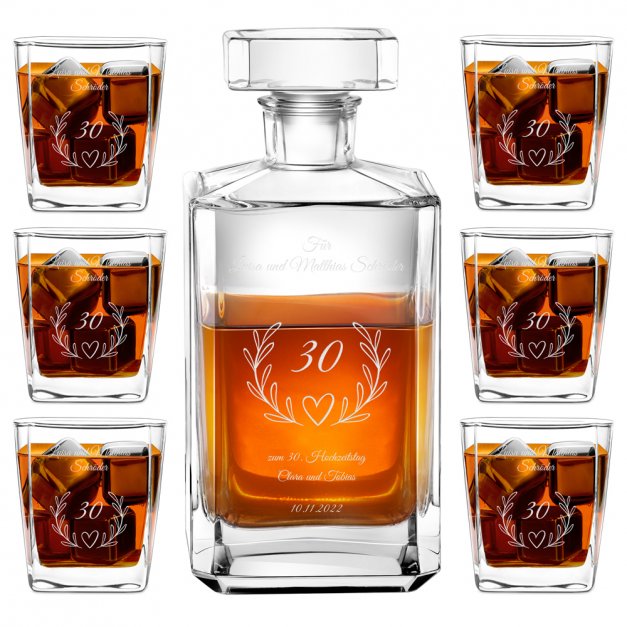 Bourbon Karaffe Set mit 6 Gläsern mit Gravur für ein Ehepaar zum 30. Hochzeitstag