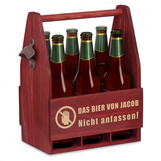 Bierträger aus Holz mit Flaschenöffner und Gravur für ihn zum Geburtstag, Namenstag