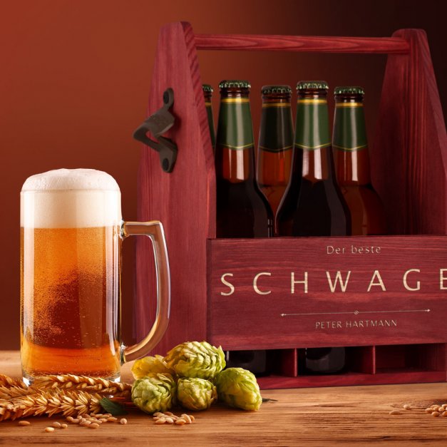 Bierträger aus Holz mit Flaschenöffner und Gravur für Ihren Schwager