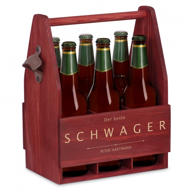 Bierträger aus Holz mit Flaschenöffner und Gravur für Ihren Schwager