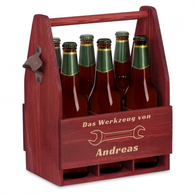 Bierträger aus Holz mit Flaschenöffner und Gravur für einen Heimwerker, Ingenieur oder Mechaniker