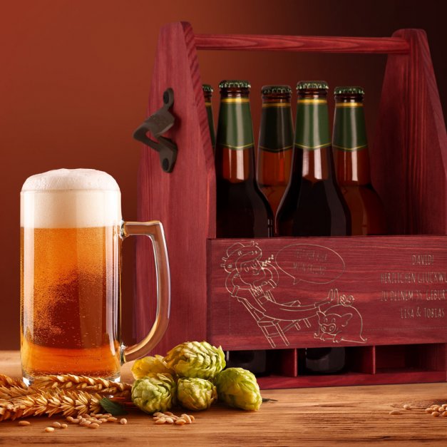 Bierträger aus Holz mit Flaschenöffner und Gravur