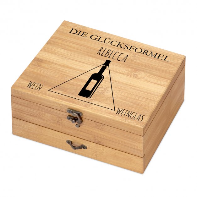 8er Weinzubehör-Set mit Schublade und Aufdruck für sie Glücksformel