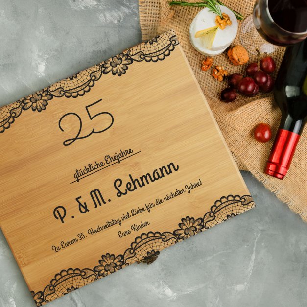 8er Weinzubehör-Set mit Schublade und Aufdruck für ein Ehepaar zum 25. Hochzeitstag