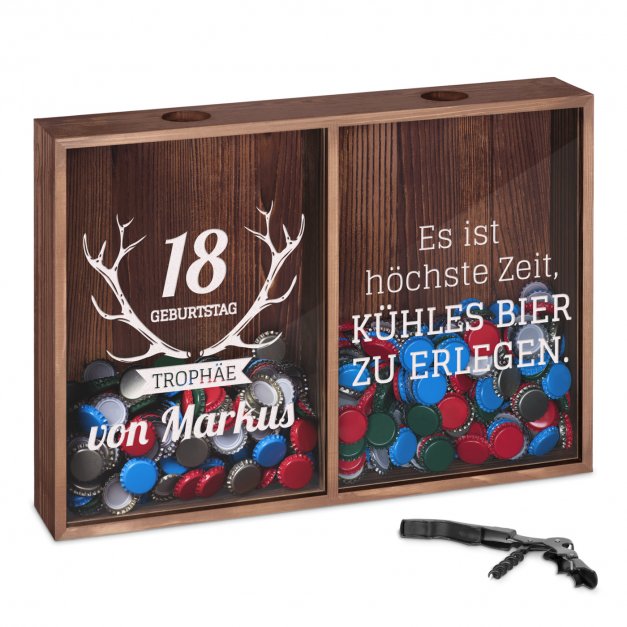 Kronkorken Sammler aus Holz mit Gravur für einen Bierliebhaber-Jäger zum 18. Geburtstag