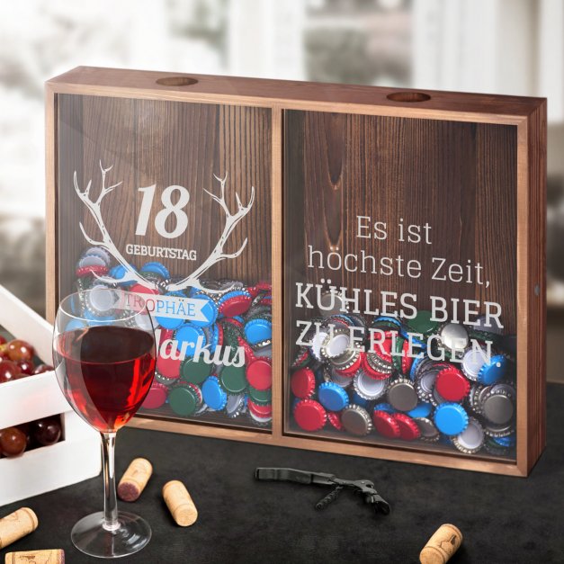 Kronkorken Sammler aus Holz mit Gravur für einen Bierliebhaber-Jäger zum 18. Geburtstag