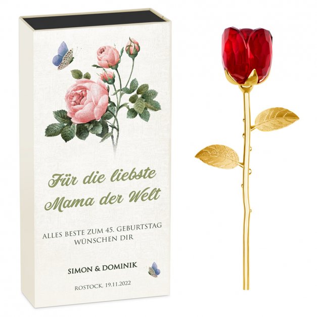 Ewige Rose aus Glas und Metall in Gechenkschatulle mit Aufdruck für Ihre Mama zum 45. Geburtstag