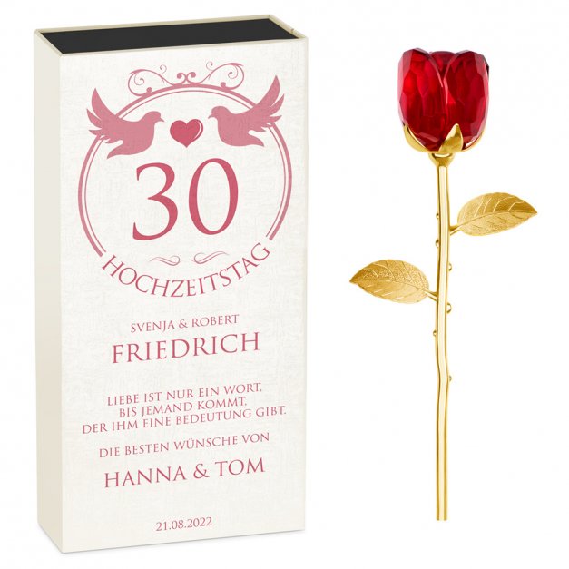 Ewige Rose aus Glas und Metall in Gechenkschatulle mit Aufdruck für Ihre Eltern zum 30. Hochzeitstag