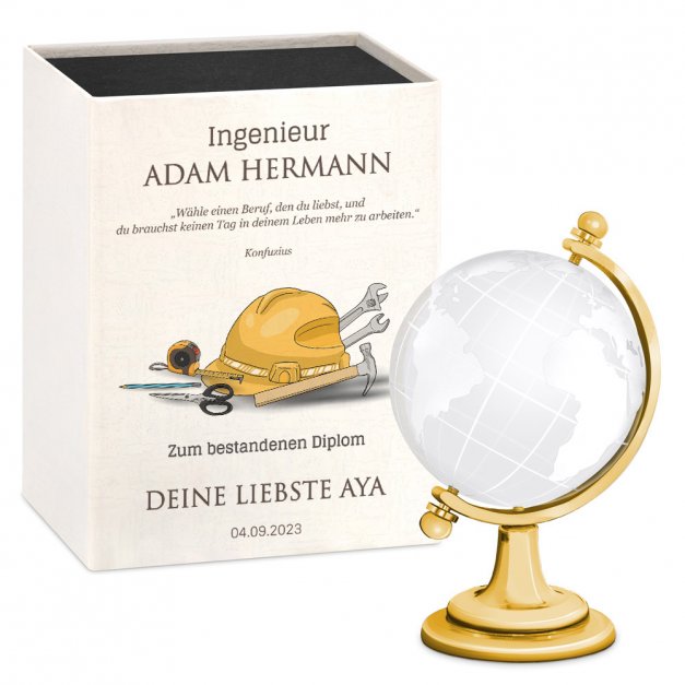 Glas-Globus in einer Geschenkschatulle mit Aufdruck für Ihren Ehemann Ingenieur