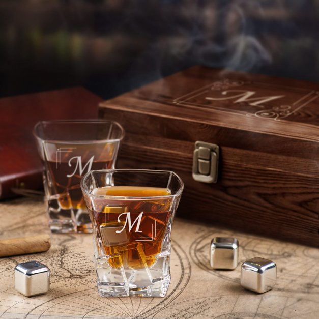 Whisky Steine Set in Holzbox mit 2 Gläsern und Gravur für sie, ihn oder ein Paar