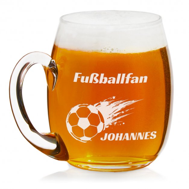 Glas Bierkrug mit Gravur für einen Fußballfan, Fußballspieler