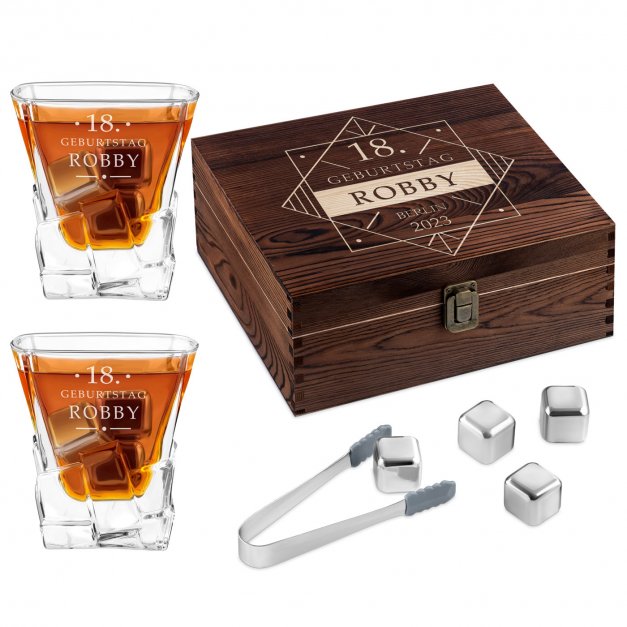 Whisky Steine Set in Holzbox mit 2 Gläsern und Gravur für ihn zum 18. Geburtstag