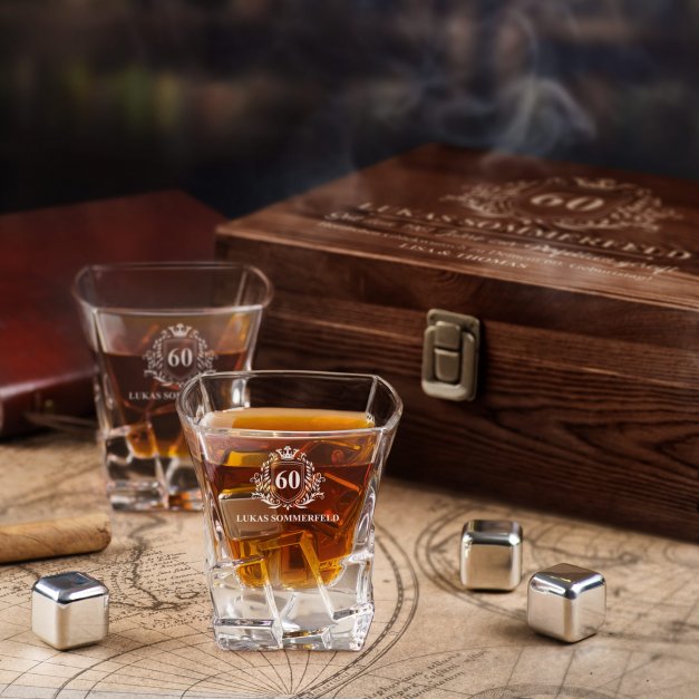 Whisky Steine Set in Holzbox mit 2 Gläsern und Gravur für ihn zum 60. Geburtstag