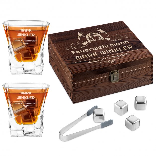 Whisky Steine Set in Holzbox mit 2 Gläsern und Gravur für einen Feuerwehrmann