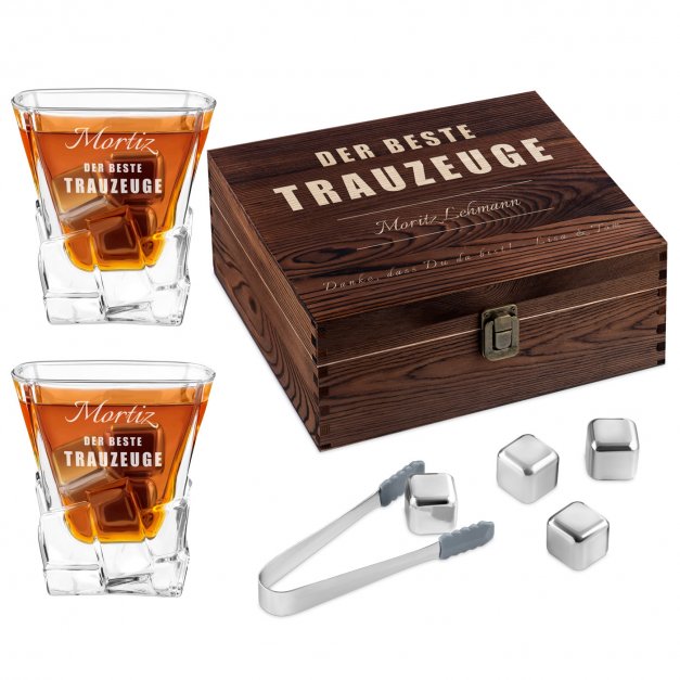 Whisky Steine Set in Holzbox mit 2 Gläsern und Gravur für Ihren Trauzeugen als Hochzeitsdankeschön