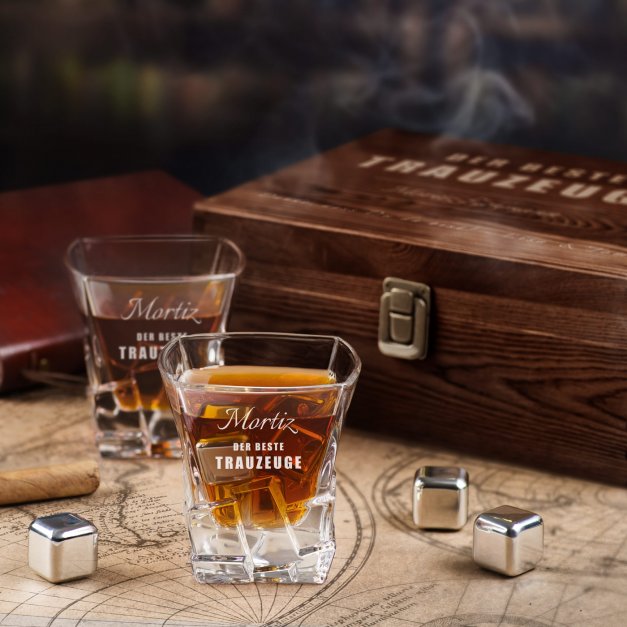 Whisky Steine Set in Holzbox mit 2 Gläsern und Gravur für Ihren Trauzeugen als Hochzeitsdankeschön