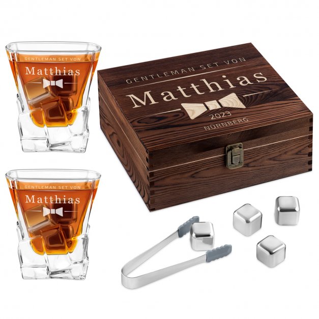 Whisky Steine Set in Holzbox mit 2 Gläsern und Gravur für einen Gentleman