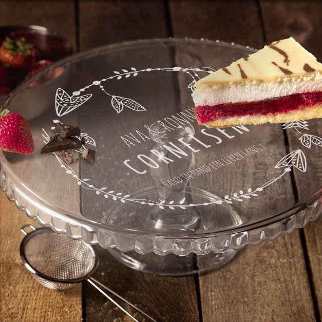 Kuchenplatte aus Glas mit Gravur für ein Paar zum Hochzeitstag