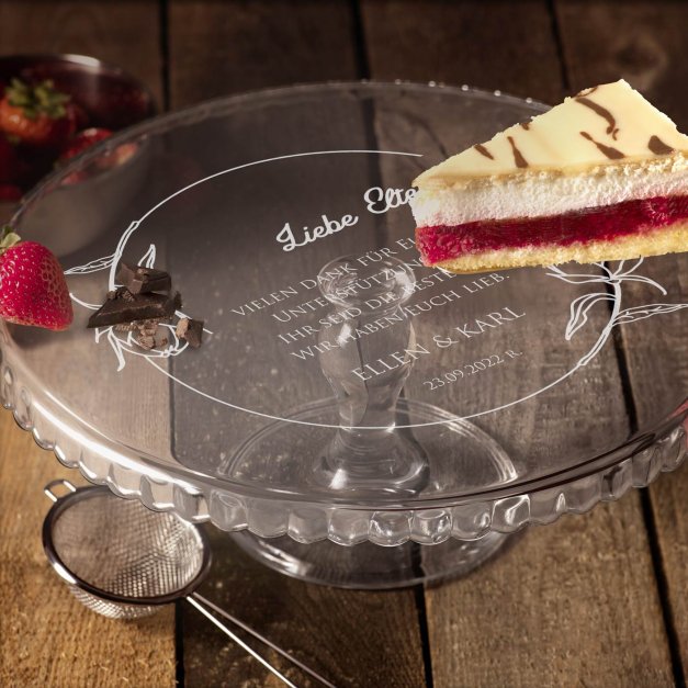 Kuchenplatte aus Glas mit Gravur für Eltern als Dankesgeschenk für die Hochzeit