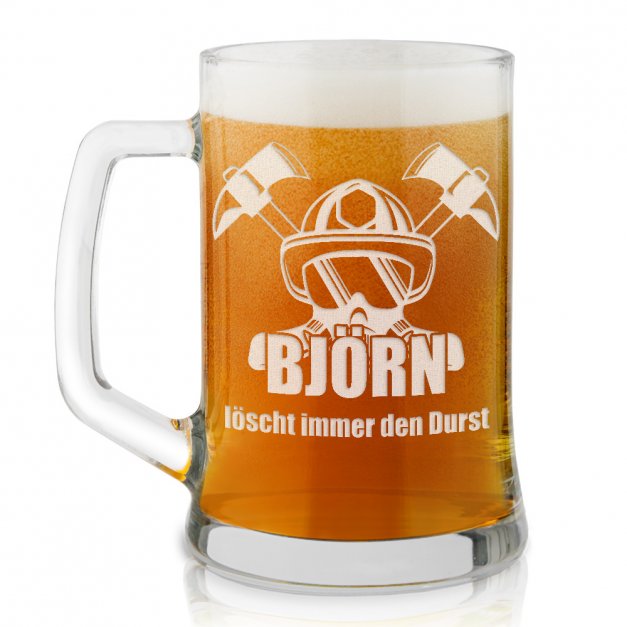 Bierkrug aus Glas mit Gravur für einen Feuerwehrmann