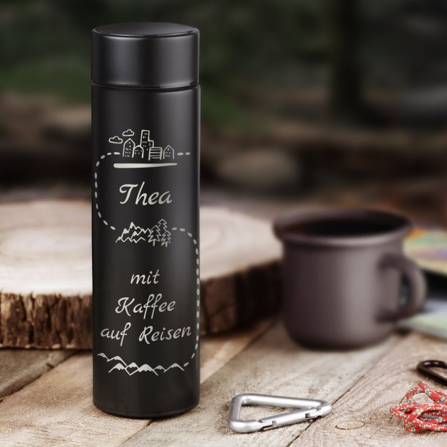 Auslaufsichere Thermosflasche mit Gravur Schwarz 400 ml für eine Kaffeegenießerin