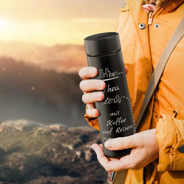 Auslaufsichere Thermosflasche mit Gravur Schwarz 400 ml für eine Kaffeegenießerin