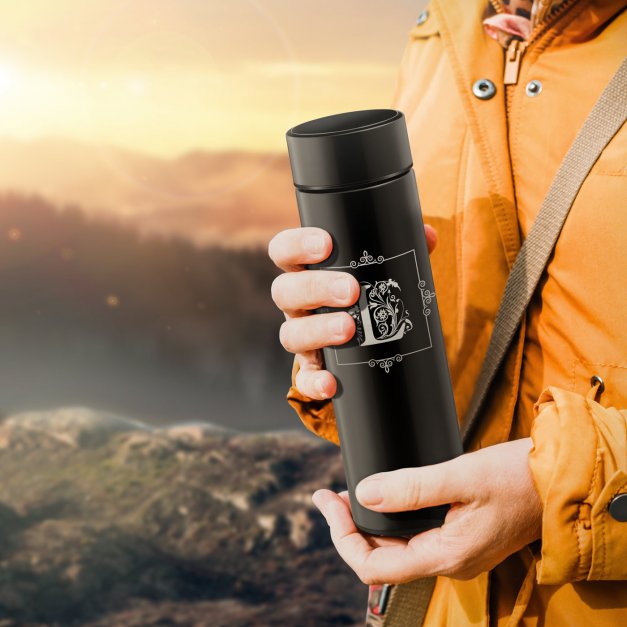 Auslaufsichere Thermosflasche mit Gravur Schwarz 400 ml und eingravierter Initiale für sie für ihn einen Gentleman eine Lady