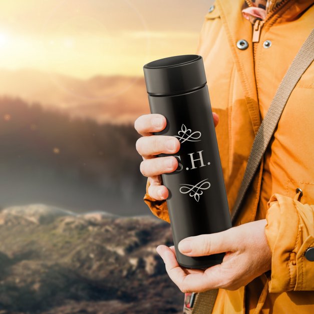 Auslaufsichere Thermosflasche mit Gravur Schwarz 400 ml mit Initialen für sie