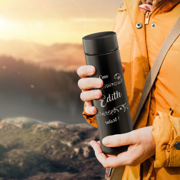 Auslaufsichere Thermosflasche mit Gravur Schwarz 400 ml für Ihre Oma