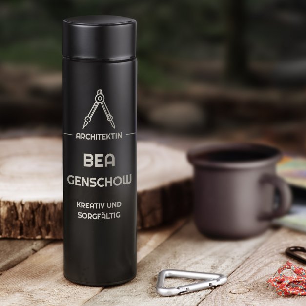 Auslaufsichere Thermosflasche mit Gravur Schwarz 400 ml für eine Architektin, Designerin, Ingenieurin