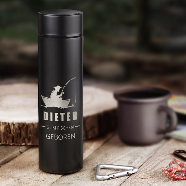 Auslaufsichere Thermosflasche mit Gravur Schwarz 400 ml für einen Angler, Fischer