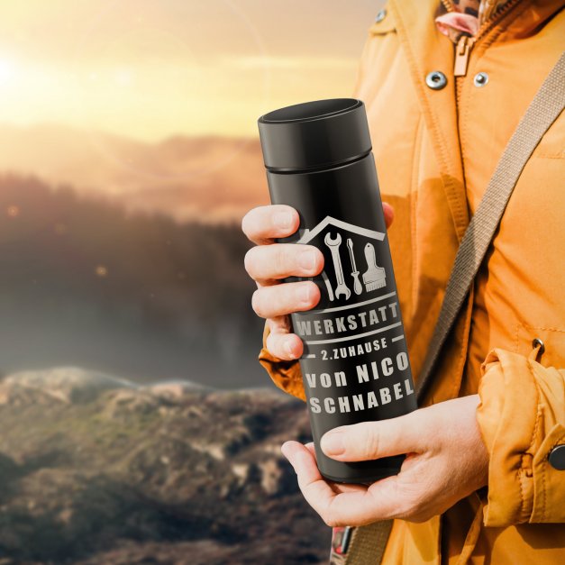 Auslaufsichere Thermosflasche mit Gravur Schwarz 400 ml für einen Heimwerker