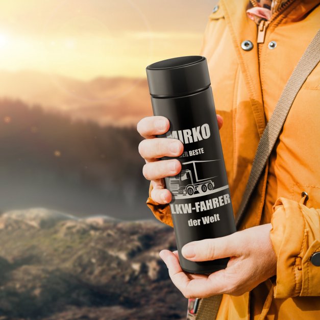 Auslaufsichere Thermosflasche mit Gravur Schwarz 400 ml für einen Berufskraftfahrer zum Geburtstag