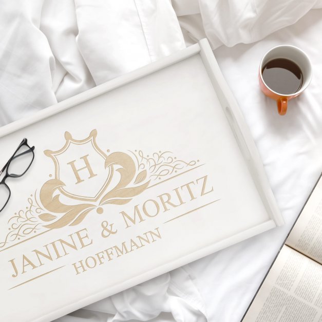 Klappbares Frühstückstablett aus Kiefernholz mit Gravur Weiß für ein Paar zur Hochzeit zum Hochzeitstag