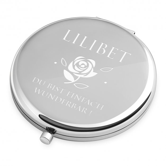 Runder Taschenspiegel mit Gravur Silber für sie zum Geburtstag Rose