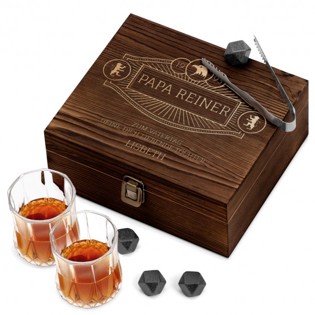 Whisky Steine Set mit 2 Gläsern in Holzbox mit Gravur für Ihren Papa zum Vatertag