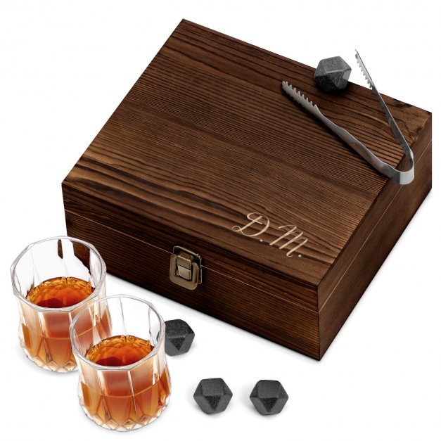 Whisky Steine Set mit 2 Gläsern in Holzbox mit Gravur für einen Gentleman Initialen