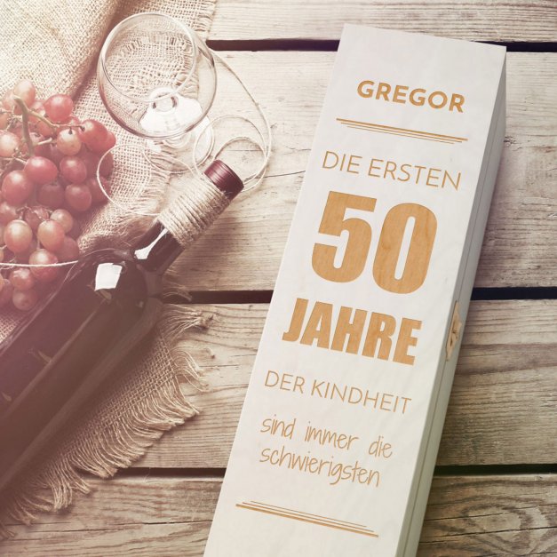 Geschenkbox für Wein aus Kiefernholz mit Gravur Natur für ihn zum 50. Geburtstag