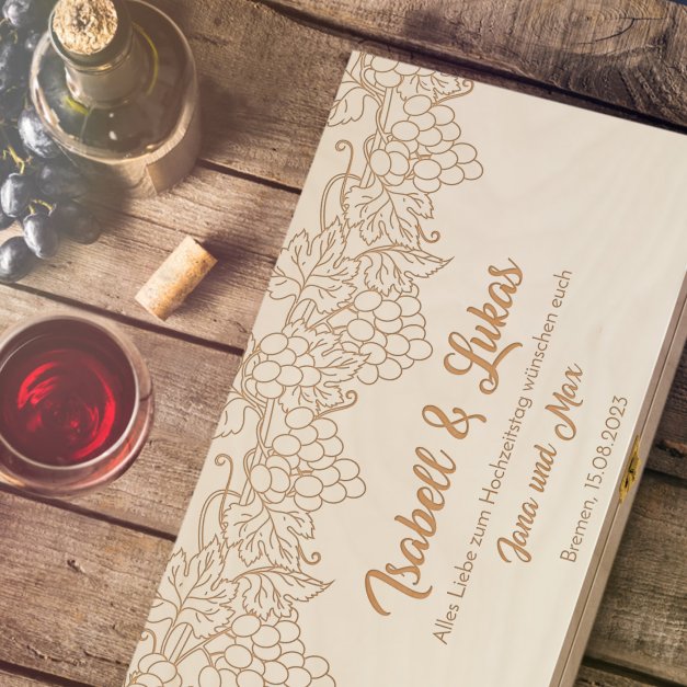 Deco-Weinkiste aus Kiefernholz mit Gravur Natur für ein Brautpaar zur Eheschließung