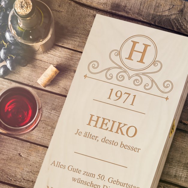Deco-Weinkiste aus Kiefernholz mit Gravur Natur für ihn zum 50. Geburtstag