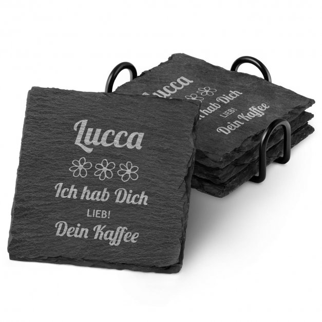 4er Schiefer Untersetzer-Set mit Metallständer und Gravur für sie eine Kaffeetrinkerin zum Geburtstag