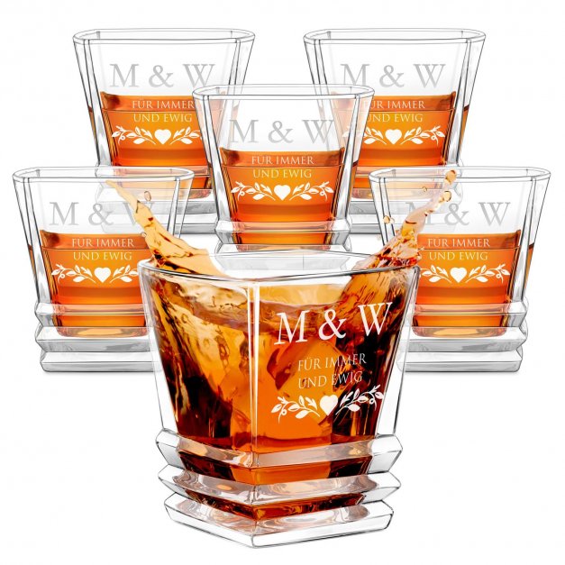 Geometric 6er Whisky Gläser Set mit Gravur für ein Paar zur Hochzeit, zum Jubiläum