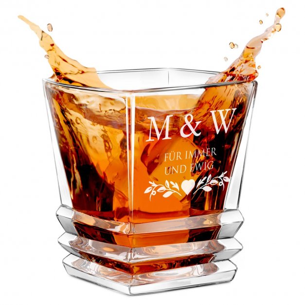 Geometric Whisky Glas mit Gravur für ein Paar zum Jubiläum, zur Hochzeit und Einweihungsfeier