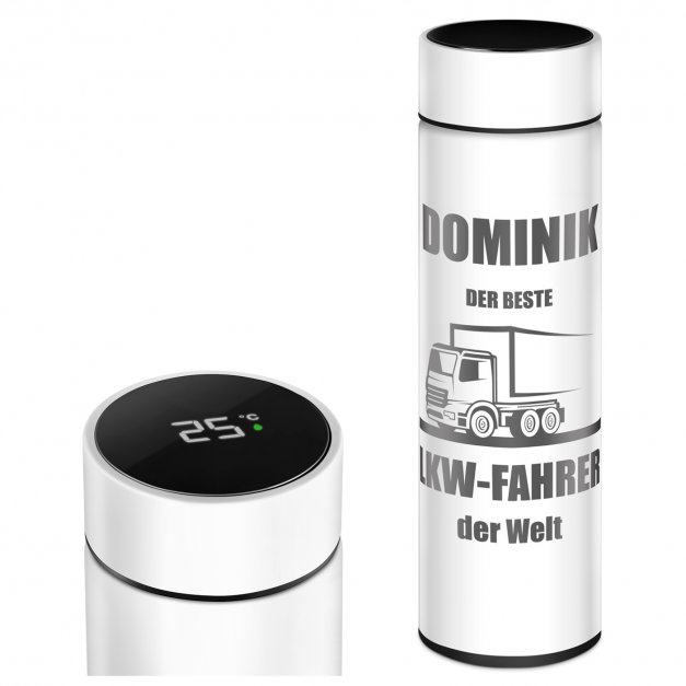 Auslaufsichere Thermosflasche mit Gravur Weiß 400 ml für einen Berufskraftfahrer zum Geburtstag