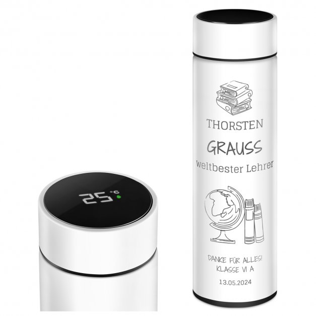 Auslaufsichere Thermosflasche mit Gravur Weiß 400 ml für einen Lehrer, Klassenlehrer