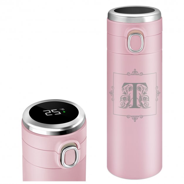 Reisebecher mit LED-Touch-Anzeige Rosa 300 ml und eingravierter Initiale für eine Lady